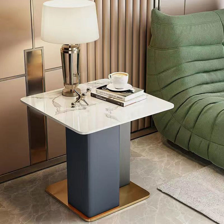 Contemporary Scandinavian Square Column Slate Microfiber Leather Wood Carbon Steel End Table For Living Room