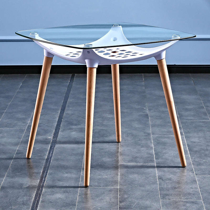 Table à manger contemporaine à coins ronds en verre carré avec pieds en bois massif pour salle à manger 
