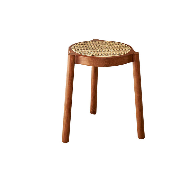 Traditional Japanese Round Rattan Weaving Ash Wood Frame Stackable Low Stool For Living Room