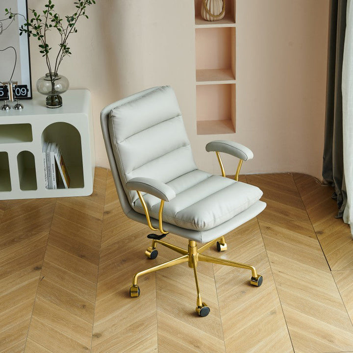 Moderner minimalistischer quadratischer Schreibtischstuhl mit Polsterung, Streifenmuster, Rückenlehne und Armlehnen aus Aluminiumlegierung, Sperrholz, Stahl und PU-Leder für Homeoffice 