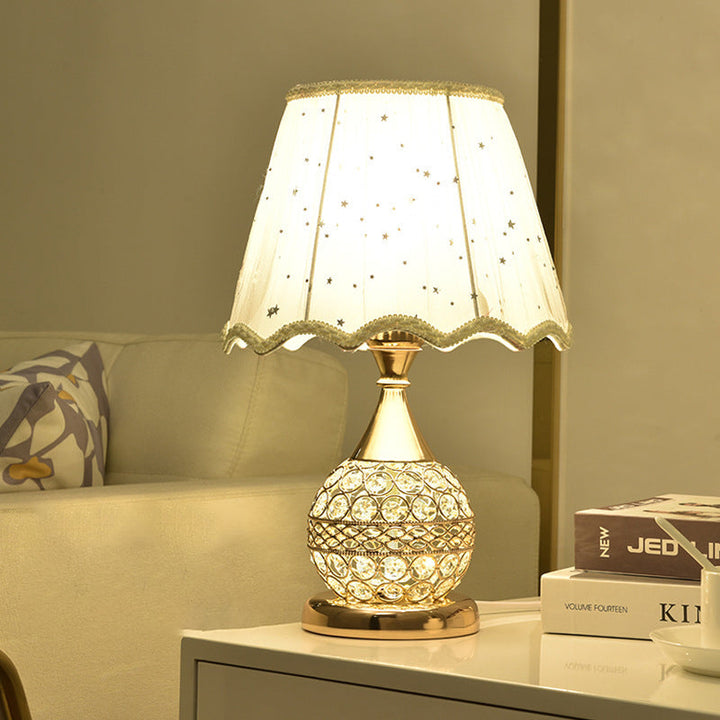 Pantalla de tela de lujo contemporánea con bola de cristal y base de hierro, lámpara de mesa de 1 luz para oficina en casa 