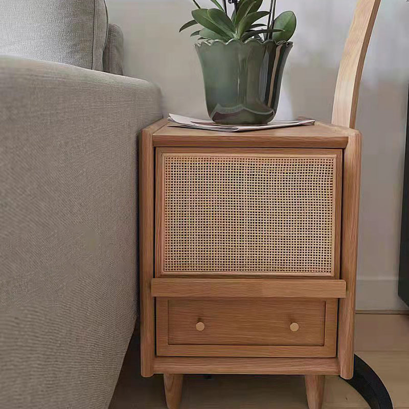 Table de chevet contemporaine rétro carrée en bois massif à 2 tiroirs pour chambre 