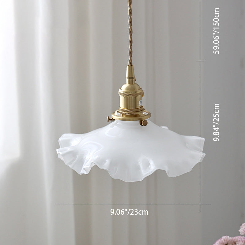 Traditionelle chinesische Blumenrolle Messing Glas 1-Licht Pendelleuchte für Wohnzimmer 