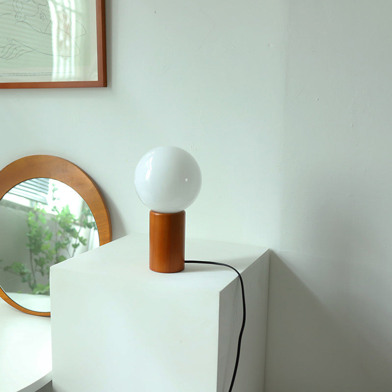 Lampe de table moderne minimaliste en verre cylindre boule ronde en bois massif à 1 lumière pour chambre 