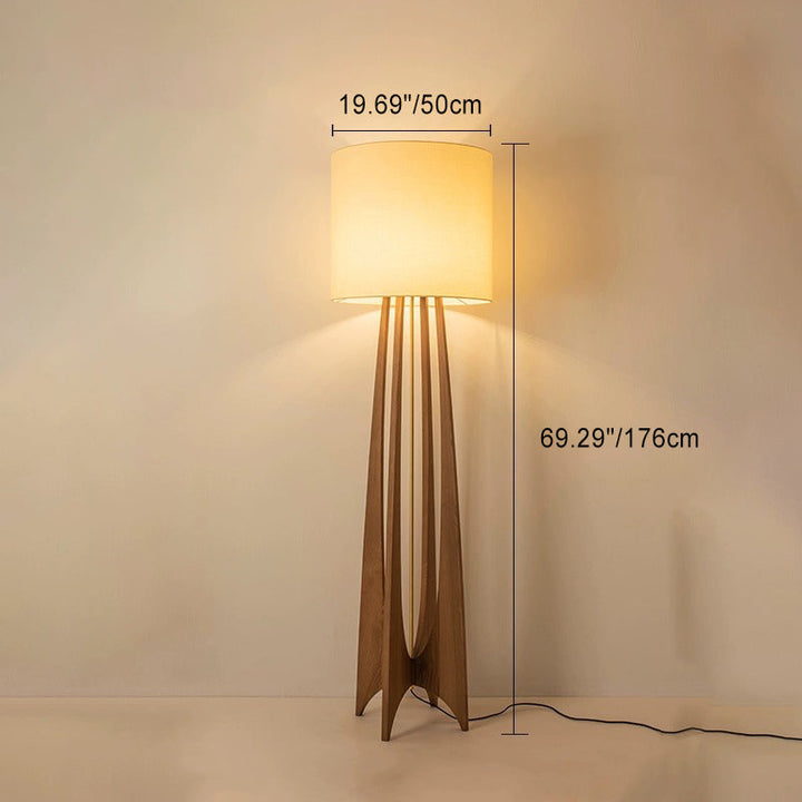 Traditional Chinese Wood Fabric Cylinder 1-Light Standing Floor Lamp For Living Room