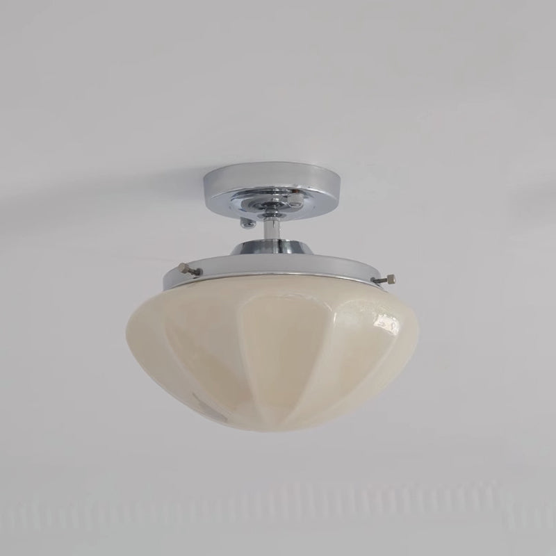Moderne skandinavische cremefarbene runde Deckenleuchte aus Eisen und Glas mit 1 Licht, halbbündige Montage für Wohnzimmer 