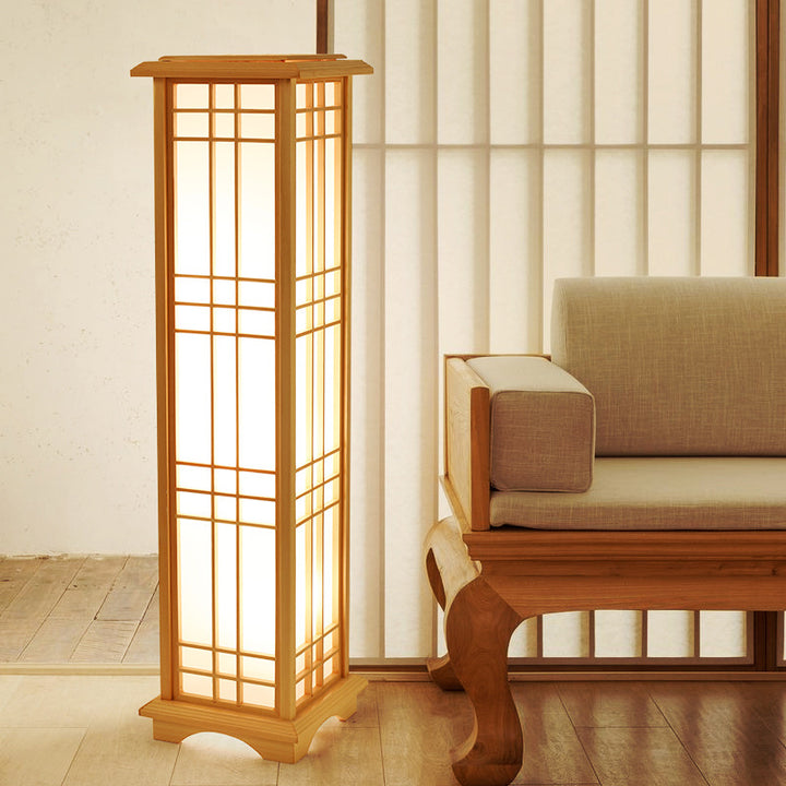 Lámpara de pie tradicional japonesa de madera acrílica rectangular de 1/2/3 luces para dormitorio 