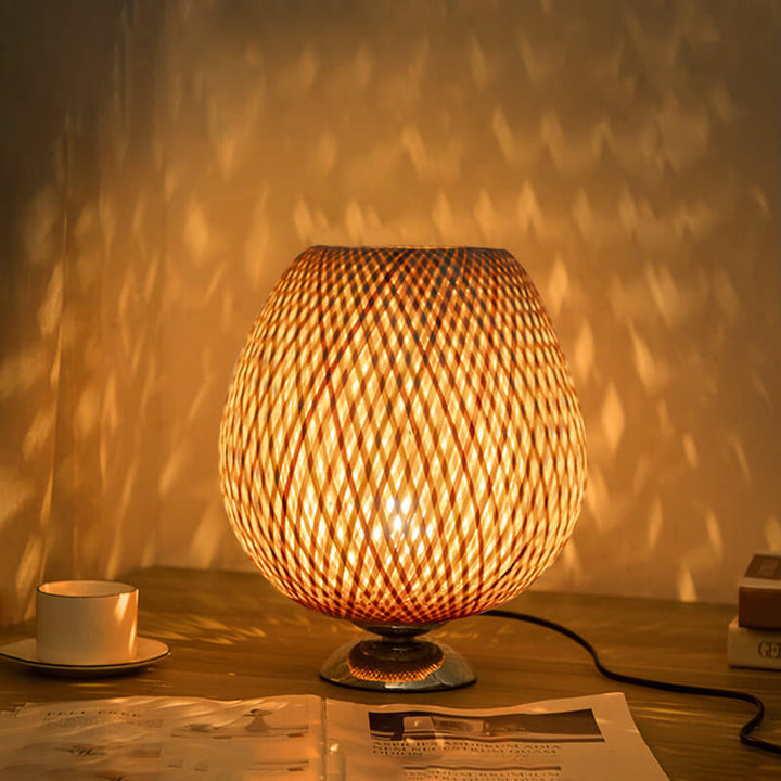 Traditional Chinese Moso Bamboo Wood Iron Weaving Oval Round 1-Light Table Lamp For Bedroom