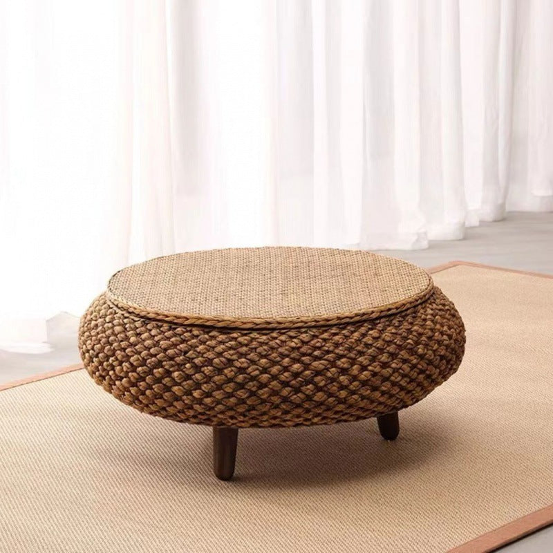 Traditional Japanese Oval Narcissus Rattan Poplar Wood Coffee Table Storage For Living Room