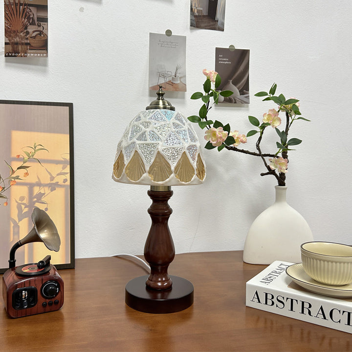 Lámpara de Mesa de 1 Luz con Caparazón de Lozange de Hemisferoide de Vidrio de Madera Vintage Tradicional para Mesita de Noche 