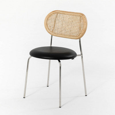 Contemporary Nordic Round PU Leather Faux Rattan Weaving Iron Chair Backrest For Living Room