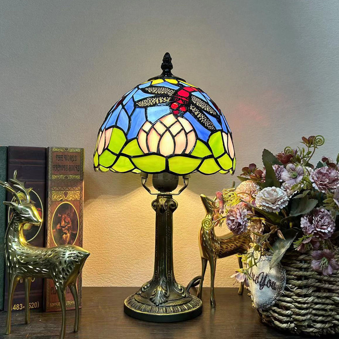 Traditional Tiffany Alloy Glass Dome Flower 1-Light Table Lamp For Bedside
