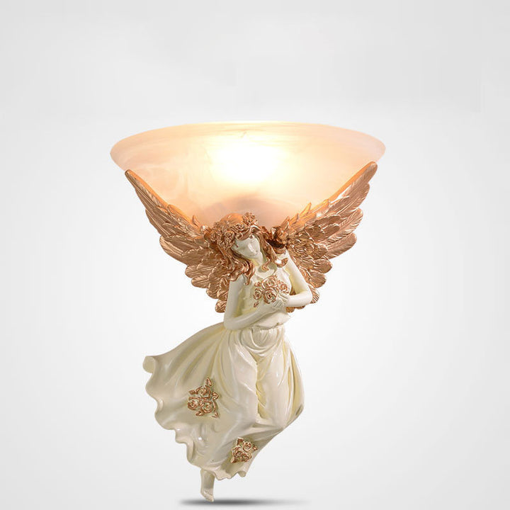 Traditionelle europäische Harz Engel Flügel Glas Tasse Schatten 1-Licht Wandleuchte Lampe für Wohnzimmer 
