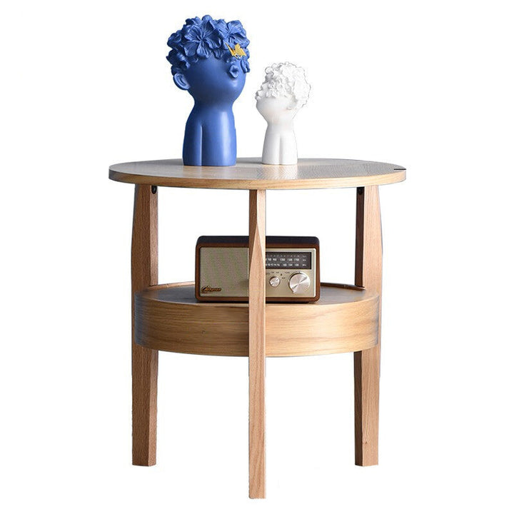 Mesa auxiliar redonda contemporánea, retro y vintage de madera de caucho, madera de pino y contrachapado con cajón de 2 niveles para sala de estar 