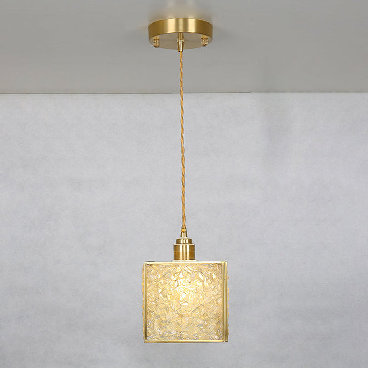 Suspension Luminaire 1-Lumière Moderne de Luxe Carré Cube Cadre en Or Cuivre Abat-jour en Verre Pour Salon 