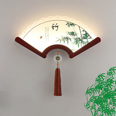 Applique murale LED avec abat-jour en acrylique festonné traditionnel chinois, éléments de plante, bord en bois pour salon 