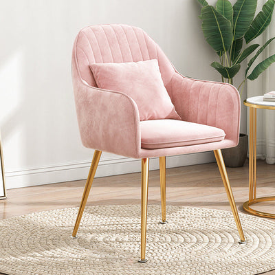 Chaise de salle à manger contemporaine scandinave en velours avec jambes en métal incurvées, dossier et accoudoirs 