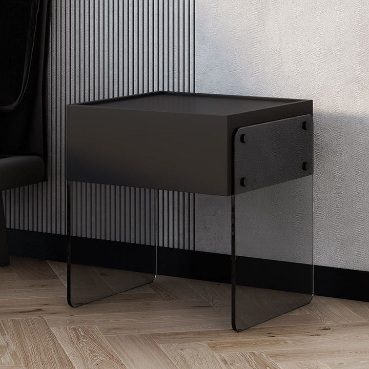 Mesita de noche rectangular moderna y minimalista de madera contrachapada y vidrio con 1 cajón para dormitorio 