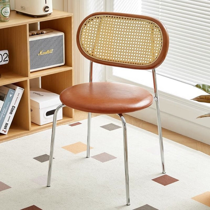 Contemporary Vintage Round Rectangular Rubberwood Plywood Iron Faux Leather PE Rattan Dining Chair Backrest For Dining Room
