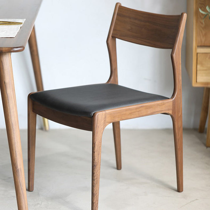 Traditional Chinese Square Black Walnut Cotton-Linen Cowhide Leather Contact Surface Dining Chair Four Legs Backrest For Dining Room