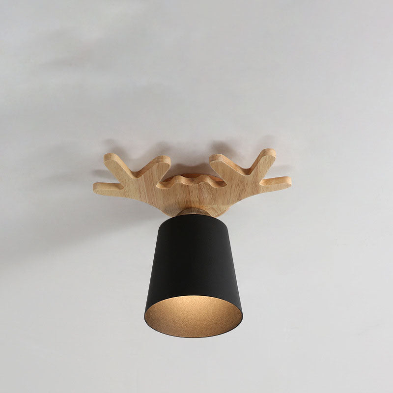 Modern Minimalist Antler Solid Wood Iron 1-Light Flush Mount Ceiling Light For Hallway
