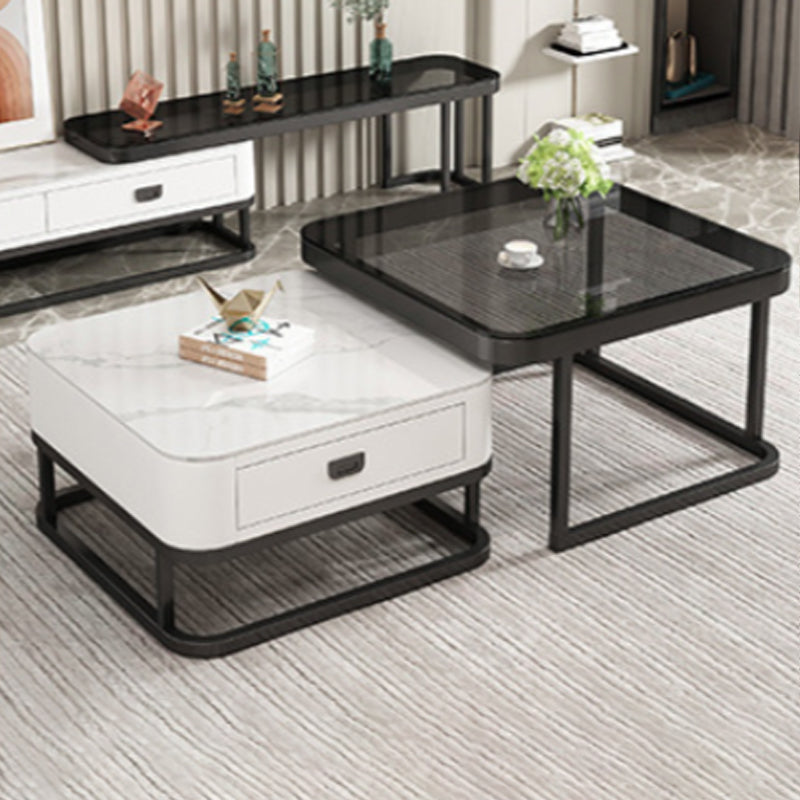 Modern Minimalist Square Rock Slab Glass Carbon Steel Faux Leather MDF Combination Coffee Table 1-Drawer For Living Room