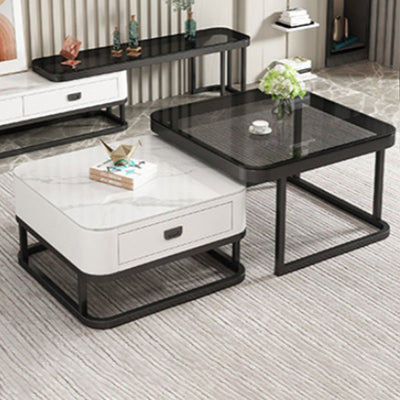 Table basse moderne minimaliste carrée en dalle de roche, verre et métal, avec 1 tiroir pour le salon 