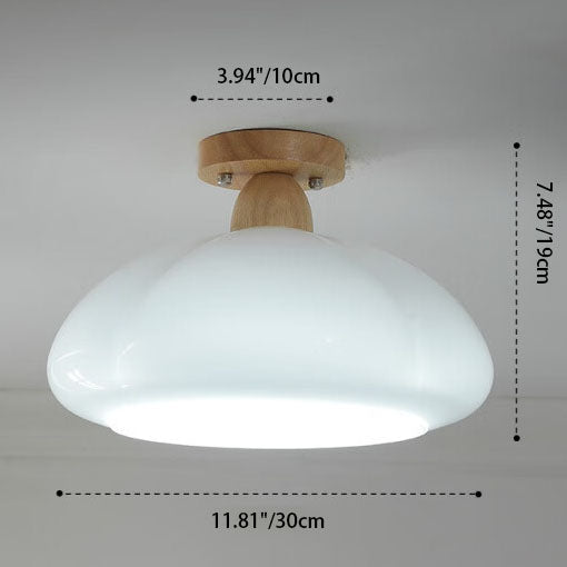 Modern Cream Oval Pumpkin Rubberwood Glass 1-Light Semi-Flush Mount Ceiling Light