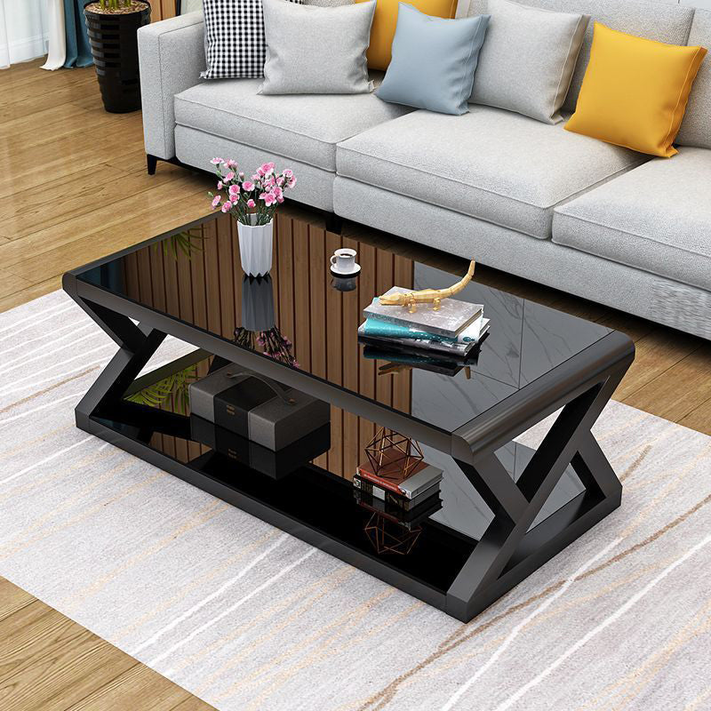 Table basse moderne en verre renforcé rectangulaire en acier à 2 niveaux pour salon 