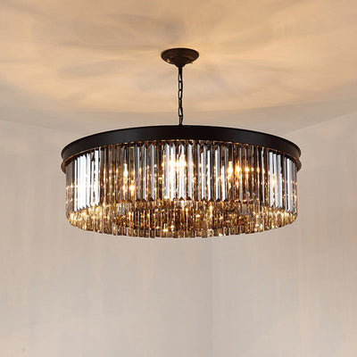 Zeitgenössischer Luxus-Kronleuchter mit Eisen-Finish, runder, abgestufter Kristallschirm, 8 Lichter, für Wohnzimmer 