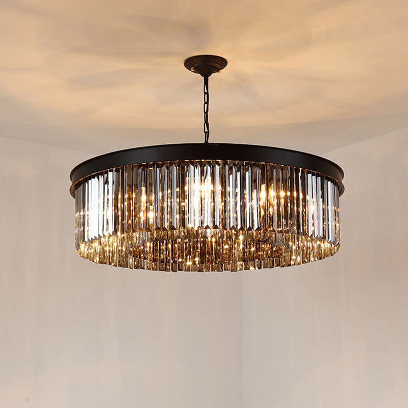 Zeitgenössischer Luxus-Kronleuchter mit Eisen-Finish, runder, abgestufter Kristallschirm, 8 Lichter, für Wohnzimmer 