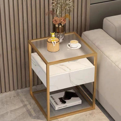 Table de chevet contemporaine scandinave carrée en verre, bois massif, fer et dalle de roche avec 1 tiroir pour chambre 