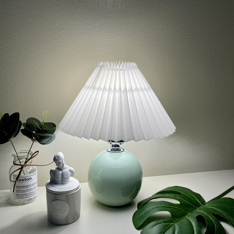 Modern Minimalist Round Fabric Pleated Ceramic 1-Light Table Lamp For Bedroom