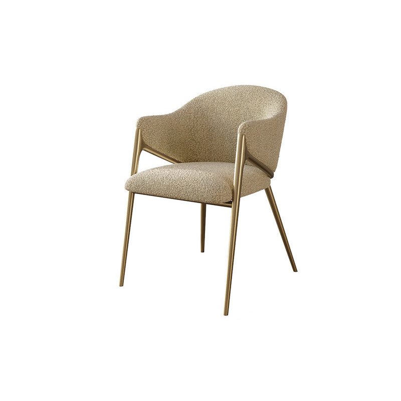 Silla de comedor contemporánea de lujo redonda de lana de cordero con patas de acero inoxidable, respaldo y reposabrazos para comedor 