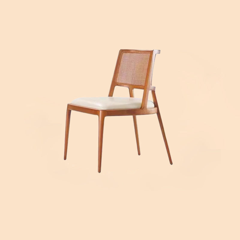 Silla de comedor de madera tapizada en cuero de microfibra cuadrada retro contemporánea con respaldo de ratán para comedor 