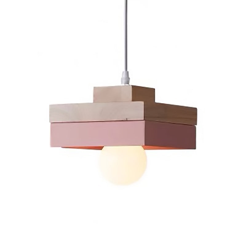 Moderne minimalistische Macaron Square Eisen Holz 1-Licht Pendelleuchte für Wohnzimmer 