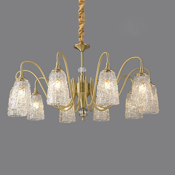 Chandelier traditionnel français à cadre entièrement en cuivre avec abat-jour en verre ondulé 5/6/8/10 lumières pour salon 