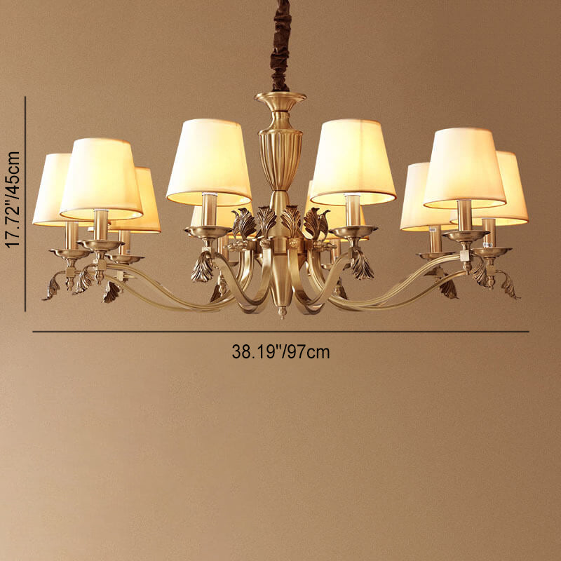 Lustre traditionnel vintage rond trapézoïdal en cuivre avec tissu, 3/6/8/10 lumières pour salon 