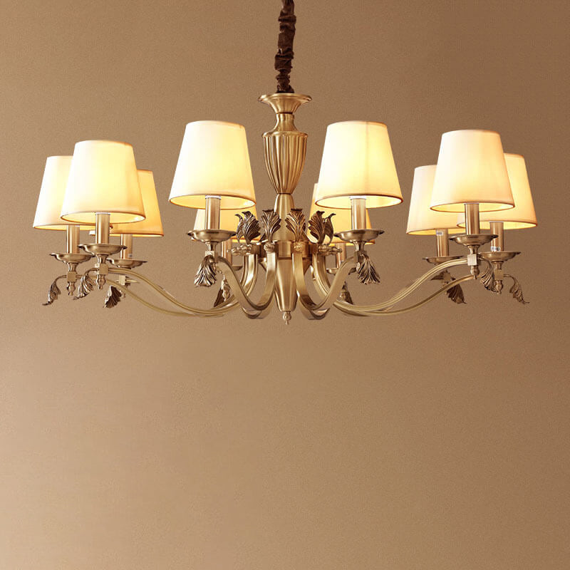 Lustre traditionnel vintage rond trapézoïdal en cuivre avec tissu, 3/6/8/10 lumières pour salon 