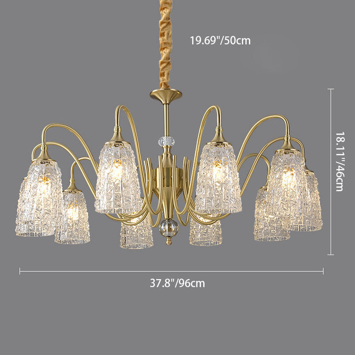 Chandelier traditionnel français à cadre entièrement en cuivre avec abat-jour en verre ondulé 5/6/8/10 lumières pour salon 