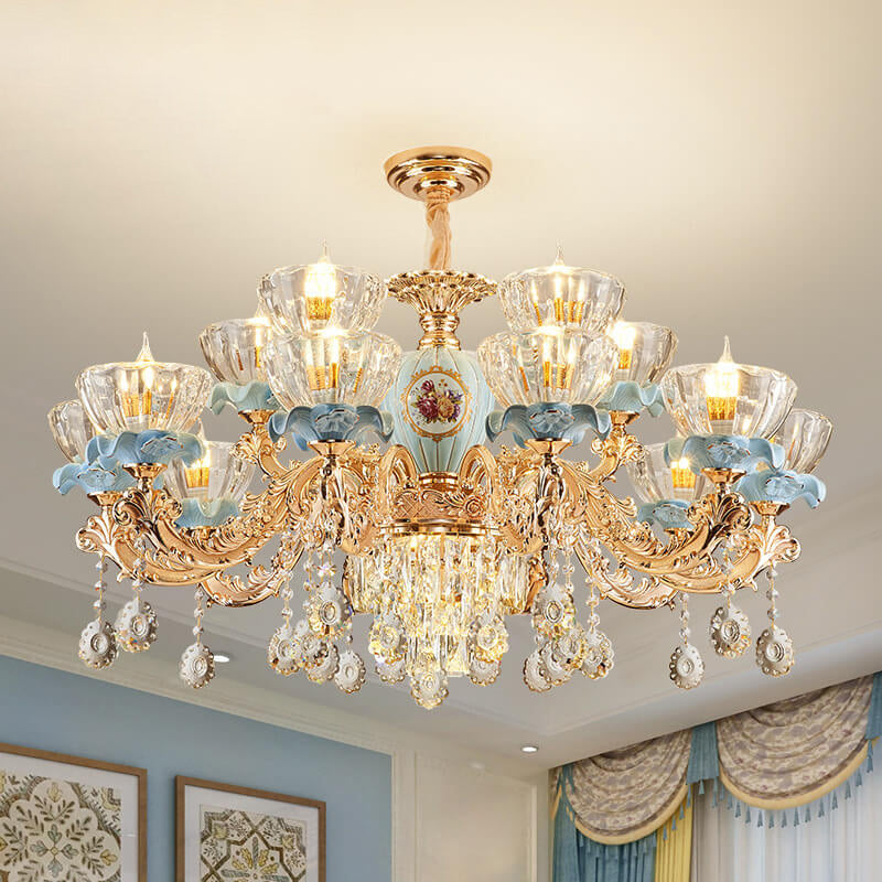 Traditional European Flower Candelabra Zinc Alloy Crystal Glass Ceramic 6/8/10/12-Light Chandelier For Living Room
