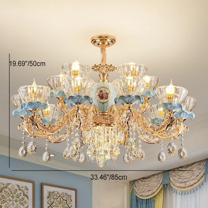 Traditional European Flower Candelabra Zinc Alloy Crystal Glass Ceramic 6/8/10/12-Light Chandelier For Living Room