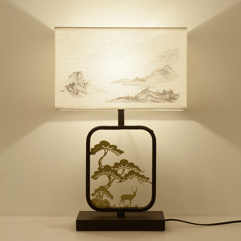 Lampe de table à 1 lumière en fer forgé chinois traditionnel avec abat-jour en tissu pour chambre 
