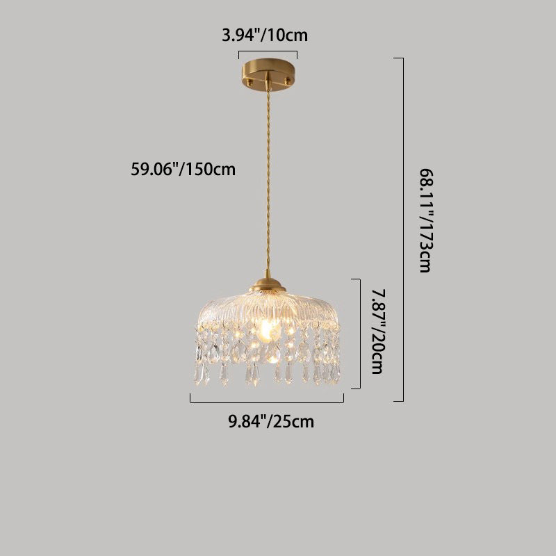 Traditionelle französische runde Pendelleuchte aus Eisen, Kupfer, Glas und Kristall, 1 Licht, für Schlafzimmer 