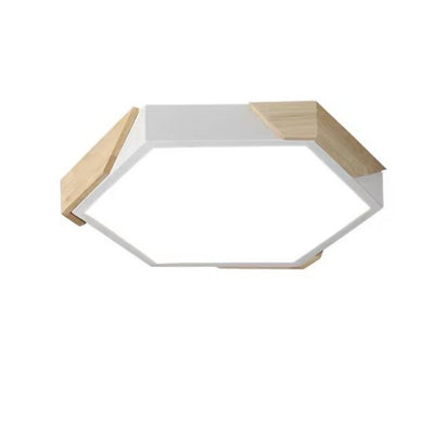 Contemporary Scandinavian Hexagonal Iron Wood Macaron LED Flush Mount Ceiling Light For Bedroom