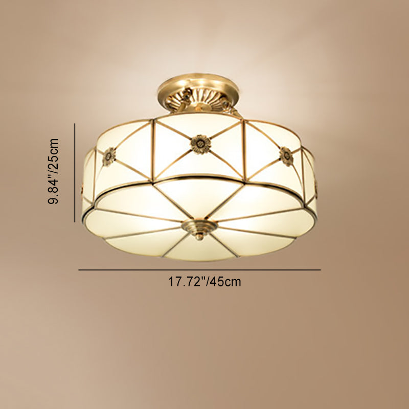 Plafonnier semi-encastré en laiton traditionnel européen en verre rond sculpté à la main 4/6 lumières pour couloir 