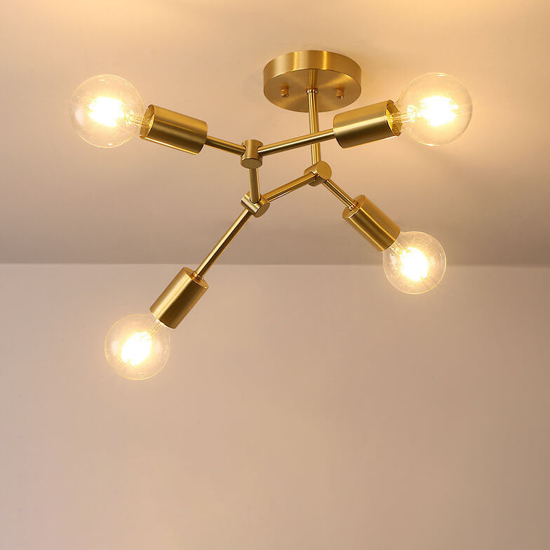 Industrial Simple Exposed Bulb Copper Branch 3/4 Light Semi-Flush Mount Ceiling Light