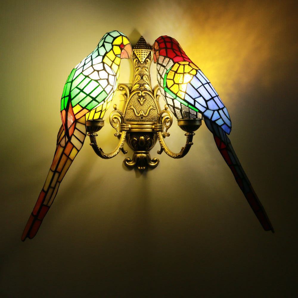 Tiffany Pastoral Doppelköpfige Papagei Buntglas 2-Licht Wandleuchte 