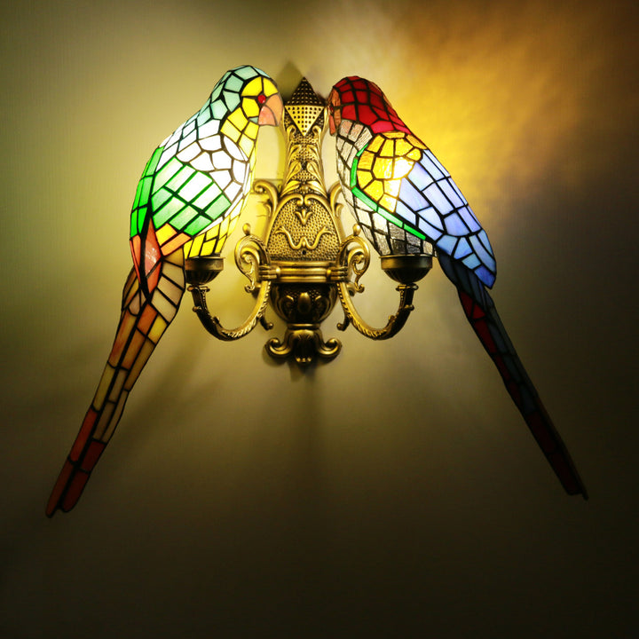 Tiffany Pastoral Doppelköpfige Papagei Buntglas 2-Licht Wandleuchte 