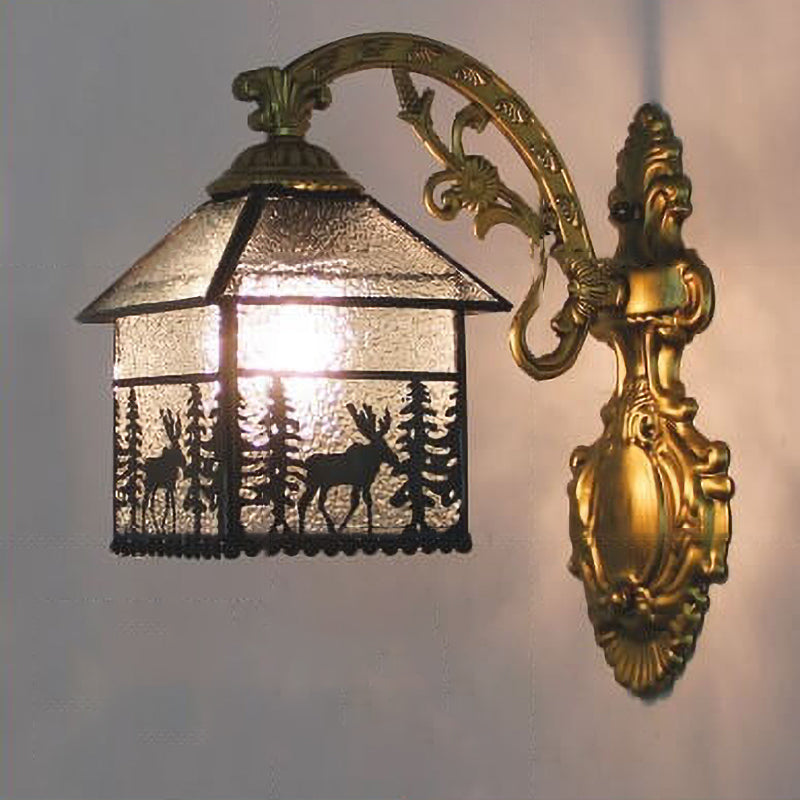 Traditional Tiffany Square House Iron Stained Glass 1-Light Wall Sconce Lamp For Living Room